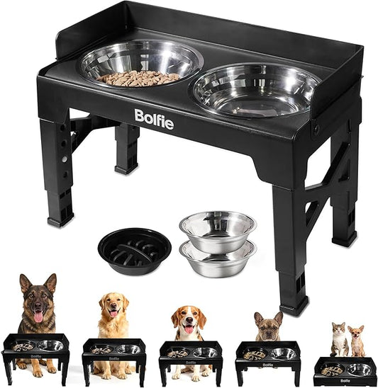 Elevated Dog Bowls for Small Medium Large Dogs 5 Adjustable Heights, 2-in-1 Raised Dog Feeder with 2 Stainless Steel Bowls & Slow Feeder, No Spill Pet Food Water Bowl Stand with Non-Slip Base