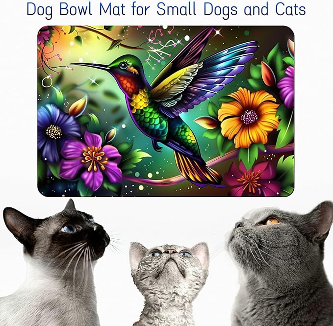 Dog Food Mat, 15.7" x 23.6" Absorbent Pet Feeding Mat for Food and Water, Waterproof Diatom Mud Pet Placemat with Non-Slip Rubber Backing, Cat Bowl Mat for Floors - Hummingbird Flower 1