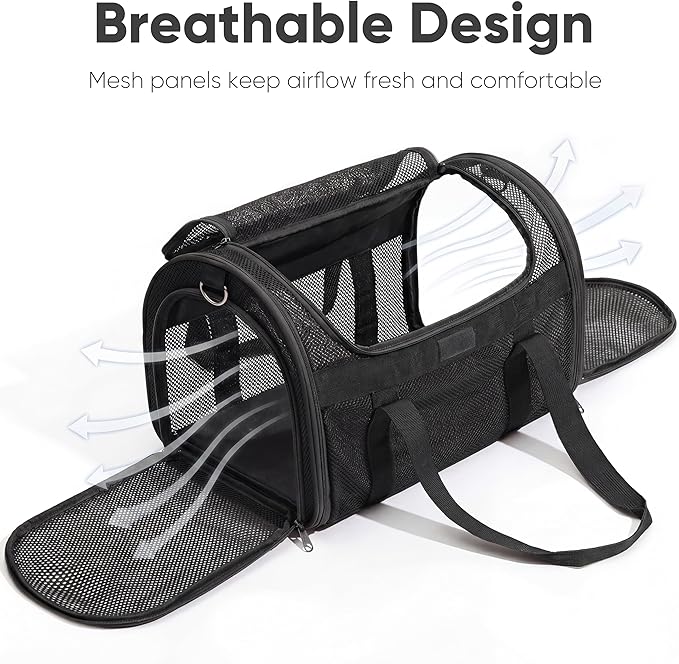 FUKUMARU Cat Carrier, Light & Airy Pet Carrier, 18x11x11 Airline Approved Dog Carrier for Small Dogs, Collapsible Soft Cat Travel Carrier with Anti-Scratch Mesh, Black