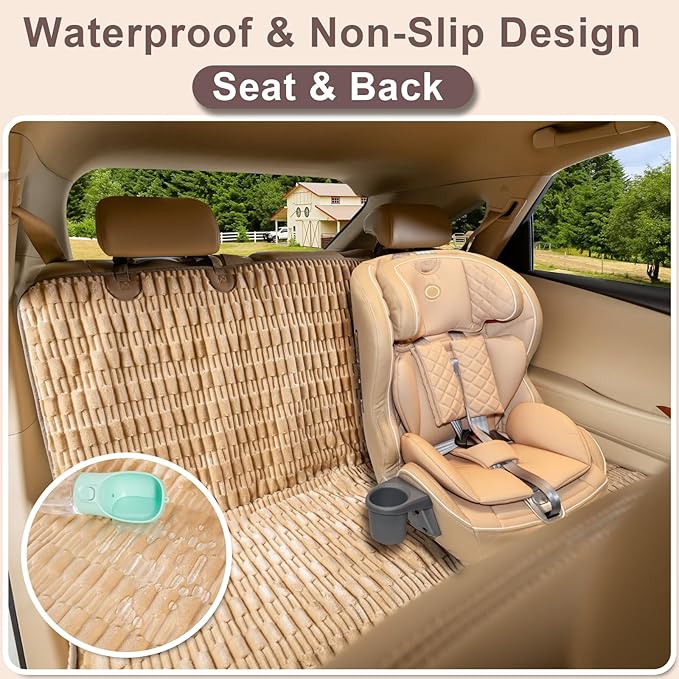 Soft Dog Back Seat Cover, Waterproof Dog Car Seat Protector with Non-Slip Bottom, Fluffy Flannel Full Protection Pet Covers on Rear Benches in Cars SUVs Small Trucks (Tan, Standard Back)