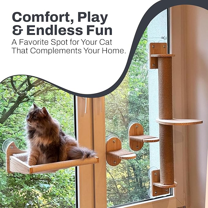 4-in-1 Window & Wall Mount Cat Wall Shelves – Hammock, Steps & Scratching Post with Landing | Space-Saving Pet Furniture for Glass & Drywall | Modern Cat Window Perch | Fits up to 40 lbs