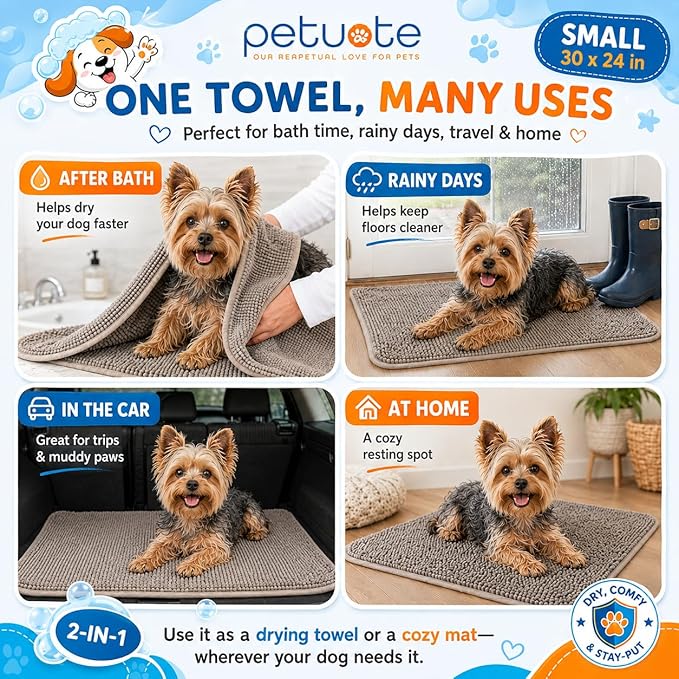 Pet 2-in-1 Dog Towel & Mat – Transforms from Drying to Bath Mat, Ultra Soft, Absorbent & Quick-Drying, Machine Washable Dog Towels with Detachable Non-Slip Mat and Hand Pockets (Small)