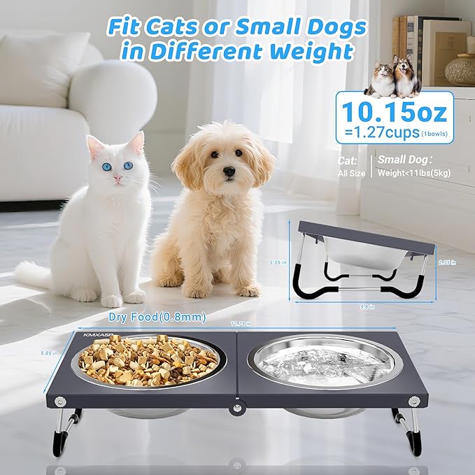 Upgraded Elevated Cat Bowls with Food Mat,10°Tilted Foldable Stand Anti Vomiting Raised Cat Dishes for Food and Water,2 Stainless Steel Bowls for Cats and Puppy(with Mat)