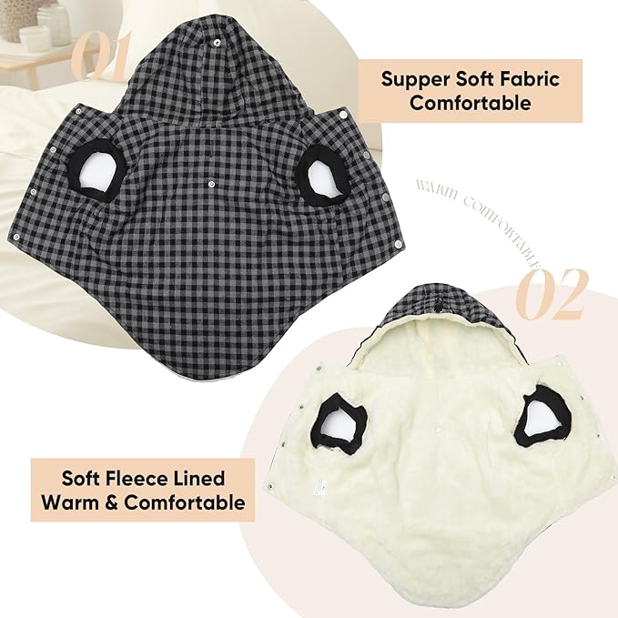 Vecomfy Fleece Lining Dog Hoodie for Large Dogs Extra Warm Plaid Sweater with Drawstring Hooded Coats in Winter Doggie Jacket,Black XXXL
