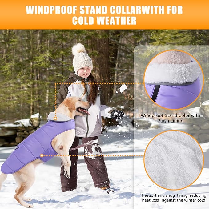 Dog Winter Coat for X-Large Dogs, Easy on Dog Snow Fleece Coat Velcro Waterproof Pet Puffer Jacket with Harness Hole Adjustable Reflective Quilted Pet Cold Weather Vest for Girl Female