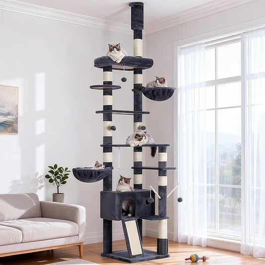 Hey-brother Cat Tree, 98.4-110.2 Inches Floor to Ceiling Cat Tree-Adjustable Height, Tall Cat Climbing Tower for Cats Large Adult with Scratching Post, Cat cando, Smoky Gray 0MPJ091G