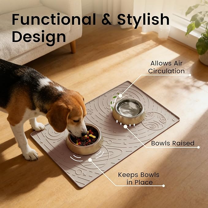 OHMO Dog Food Mat, Silicone Waterproof Cat Food Mat, Non-Skid Spill Proof Pet Feeding Mat for Food and Water, Easy to Clean Dog Placemat(Beige, 18.9" x 11.8")