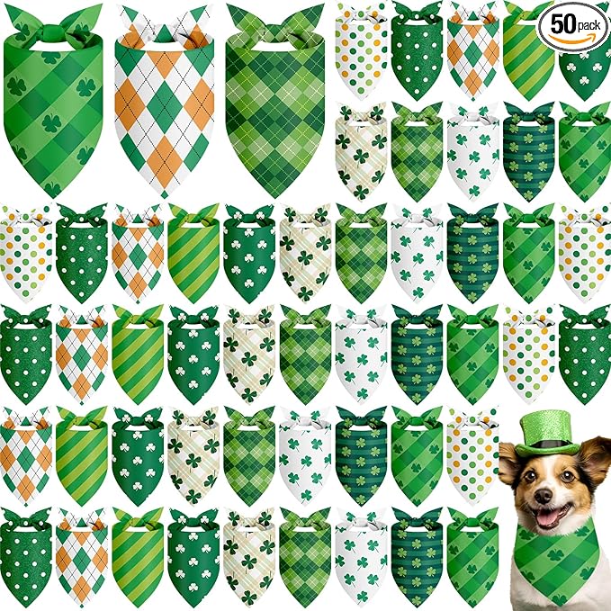 Weewooday 50 Pcs St Patricks Day Bandanas Bulk for Dogs Adjustable Irish Shamrocks Clover Green Plaid Triangle Soft Bibs Puppy Bandana for Small Medium Large Cat Pet Costume(25.6 x 17.7 x 17.7 Inch)