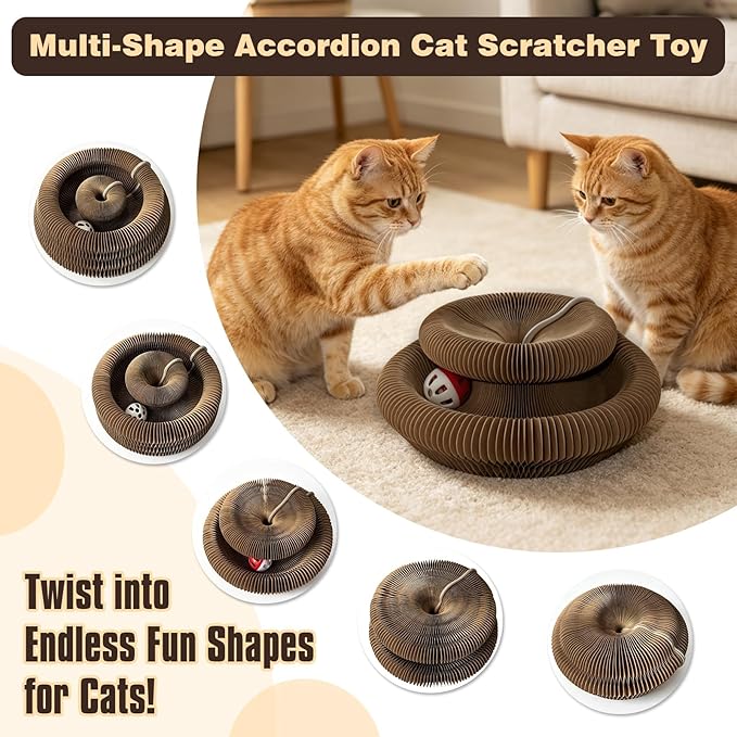 2-Pack Cat Pad Scratcher Toys, Magic Organ Cat Toy & Kitty Curls Cat Toy, Interactive Cardboard Cat Scratching Board with Bell Balls, Corrugated Scratcher for Indoor Cats, Furniture Protection