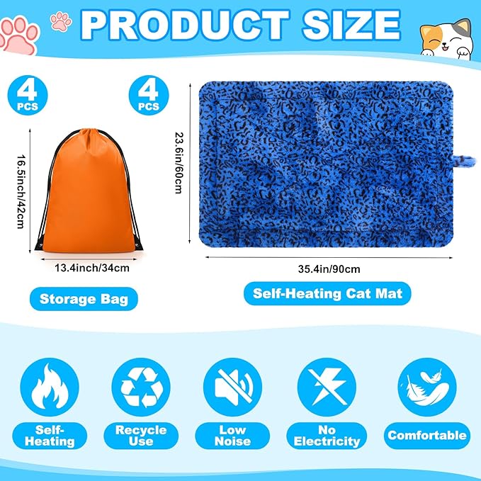 Riakrum 4 Pack Self Warming Cat Bed Mats Leopard Print Cat Dog Thermal Blanket Double Sided Self Heating Pet Pad with Storage Bags for Pet Winter Outdoor Indoor Supplies, Non Electric(L)