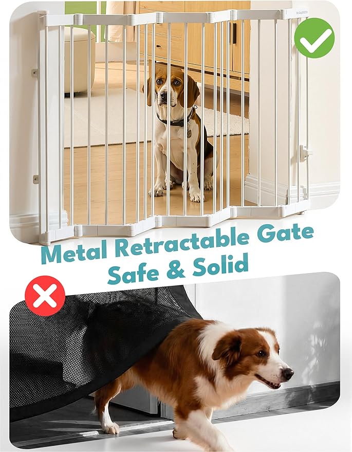 No Pawblems Retractable Safty Gate, Metal Adjustable Dog Gate for Doorways, Stairs & Hallways, Expands to 38" Wide, Auto Retract Design, No Bottom Bar, White