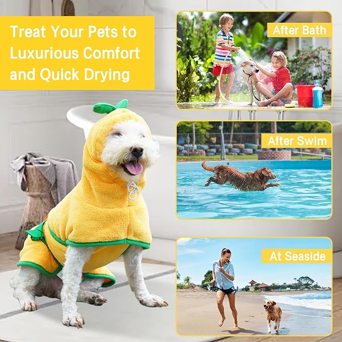 Pet Bathrobe for Dog Cat Absorbently Quick Drying Coat Cute Dogs Bath Towel Hooded Robe Adjustable Collar & Belly Strap for Pool Beach (Yellow, X-Small)