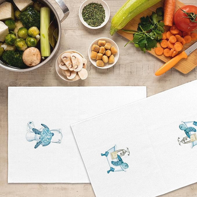 Funny Sea Turtle Bathroom Towels Set of 2, Ocean Animal Sea Turtle Hand Towel, Bathroom Restroom Washroom Decorative Tea Towel Dish Towels 16x24 Inch