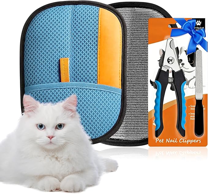 Pet Grooming Glove Set for Dogs & Cats – Premium Pet Hair Removal Glove with Free Nail Clippers & Nail File