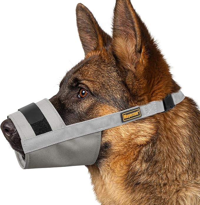 Mayerzon Dog Muzzle for Large Medium Small Dogs, Adjustable Fit, Soft & Sturdy Fabric, Prevents Fierce Barking Biting Chewing, Ideal for Grooming Walking Vet Visits, Allows to Pant Drink (Grey, XL)