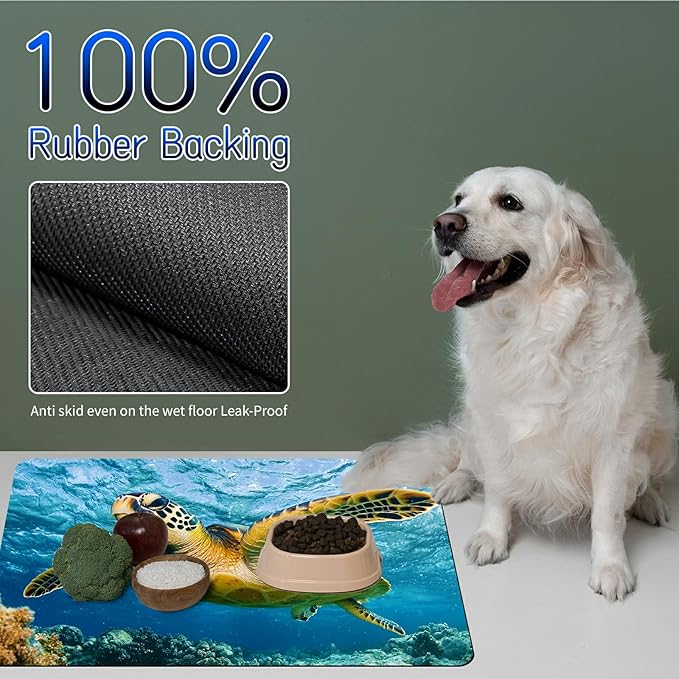 Dog Food Mat, 19.6" x 23.6" Absorbent Pet Feeding Mat for Food and Water, Waterproof Diatom Mud Pet Placemat with Non-Slip Rubber Backing, Easy Clean Cat Bowl Mat for Floors - Ocean Turtle