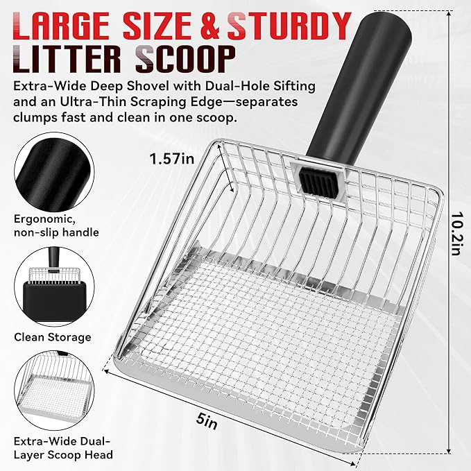 Metal Cat Litter Scoop with Holder, Heavy Duty Deep Sifter with Dual-Hole (10mm/5mm) for Pellets & Clay, Non-Stick (Black)