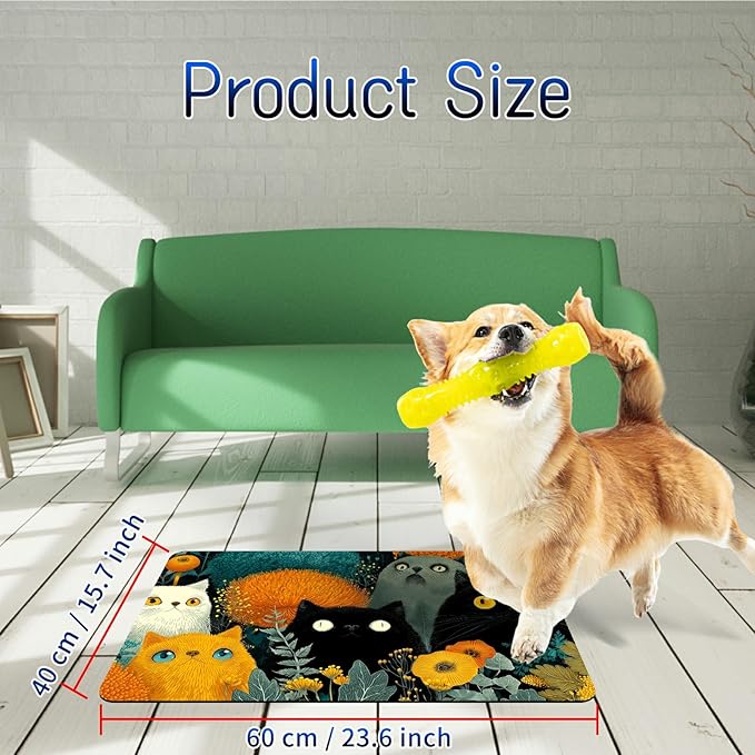 Dog Food Mat, 15.7" x 23.6" Absorbent Pet Feeding Mat for Food and Water, Waterproof Diatom Mud Pet Placemat with Non-Slip Rubber Backing, Easy Clean Cat Bowl Mat for Floors - Black Yellow Cat