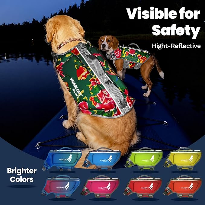 VIVAGLORY High Buoyancy Dog Life Vest, Swimming Vest with Handle, Dog Life Jacket for Swimming & Boating, Buoyancy for Puppy Doggy, XL, Northeast Florals-Green