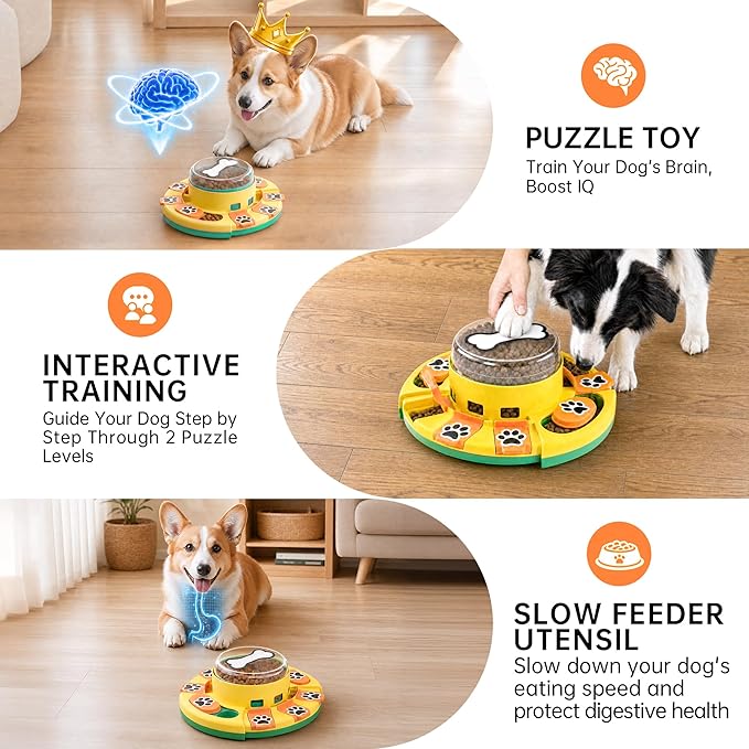 Dog Puzzle Toy 2 Levels, Slow Feeder, Pup Food Treat Feeding Dispenser for IQ Training and Entertainment for All Breeds,Green with Pattern