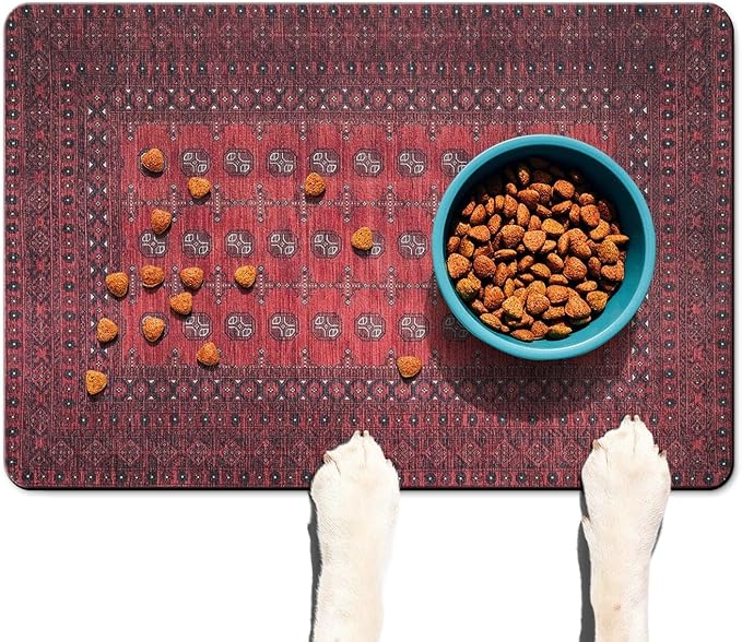 Vintage Tribal Dog Food & Water Mat, Boho Pet Feeding Mat for Floor Non-Slip Waterproof, Super Absorbent Cat Bowl Mat, Easy to Clean Durable Pet Placemat,16" × 24"