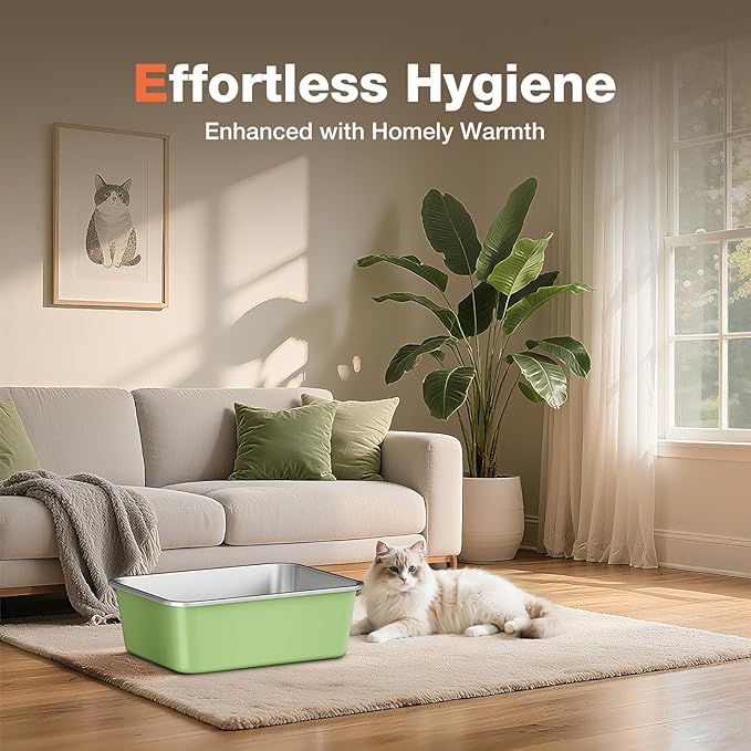 Qiuma Stainless Steel Litter Box, Large Metal Cat Litter Box with High Sided for Big and Small Cats, Non-Stick, Easy to Clean, Odor-Free, 23.4" L×15.6" W×5.9" H, Leaf Green