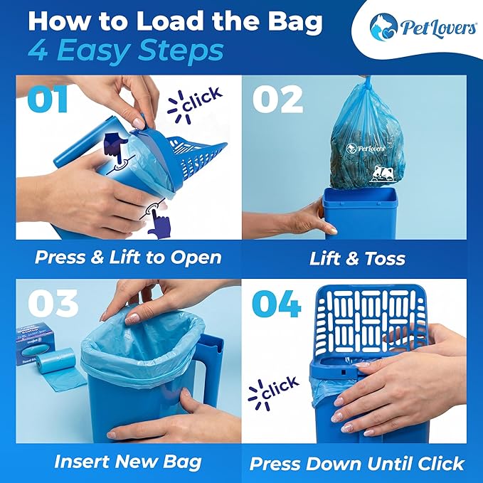 PetLovers Cat Litter Scooper with Built-in Bag, No-Touch One-Handed Kitty Litter Scoop for Open-Top Boxes 14+ Inches Wide, Hinged Clumping Poop Shovel, Seal & Toss Waste System (Bags Included)