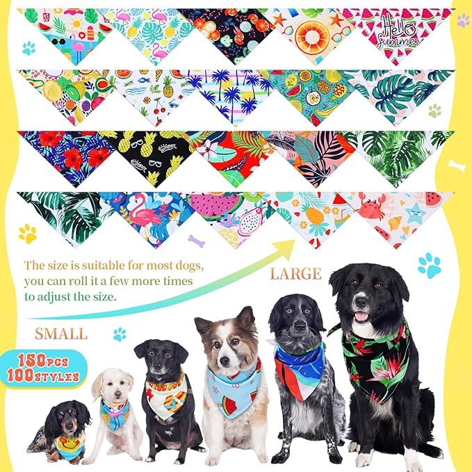 Huhumy 150 Pcs Hawaiian Dog Bandanas Bulk Pet Bibs Colorful Triangle Scarf Pet Bandanas for Medium Large Dogs Hawaiian Summer Luau Party Birthday Costume Decor