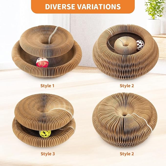 Magnetic Cat Scratcher Cardboard, Foldable Collapsible Cat Scratch Pad with Ball Track & Bell, Reversible Honeycomb Corrugated Cat Toy for Indoor Kitten & Small-Medium Cats Paw
