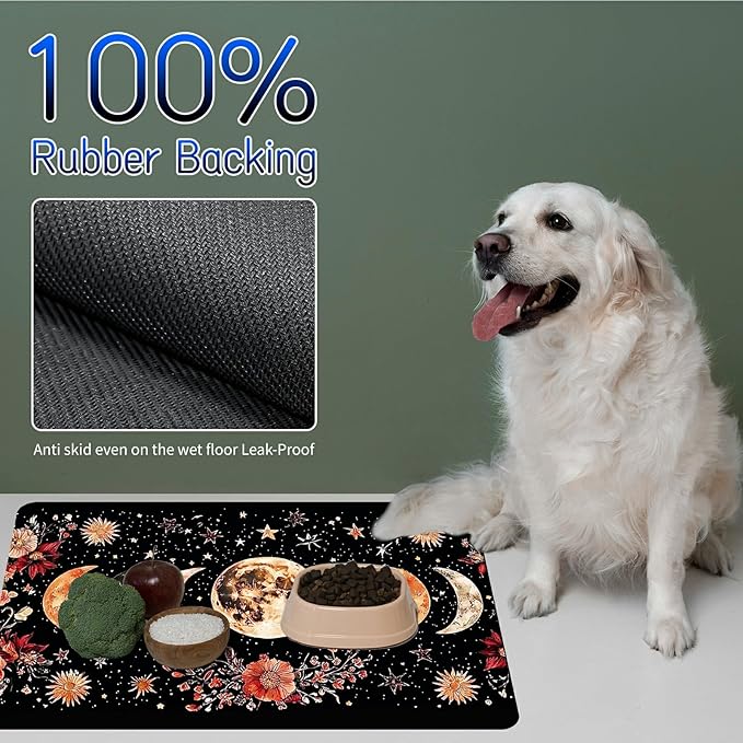 Dog Food Mat, 19.6" x 23.6" Absorbent Pet Feeding Mat for Food and Water, Waterproof Diatom Mud Pet Placemat with Non-Slip Rubber Backing, Cat Bowl Mat for Floors - Moon Flower Black