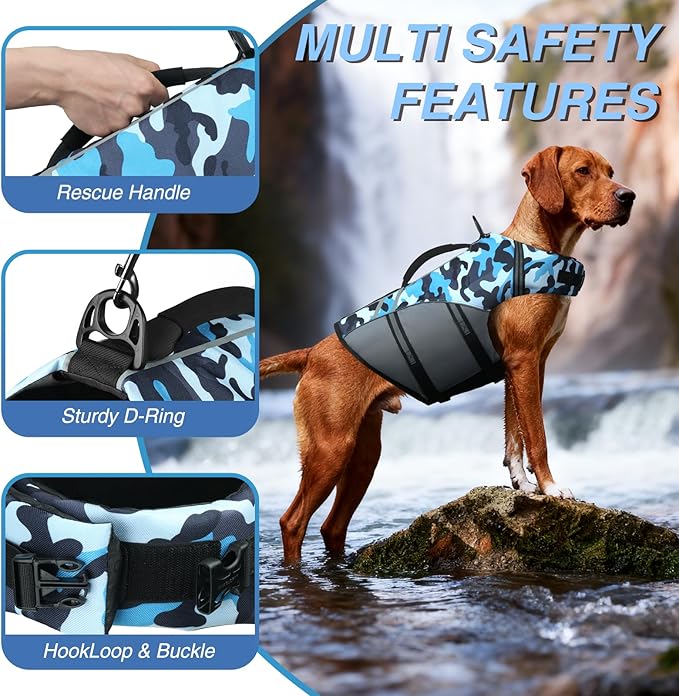 VIVAGLORY Sports Style Dog Life Vest, Dog Life Jacket for Swimming & Boating, Ripstop & Buoyancy for Puppy Doggy, Lifejacket with Handle, L, Camo Blue
