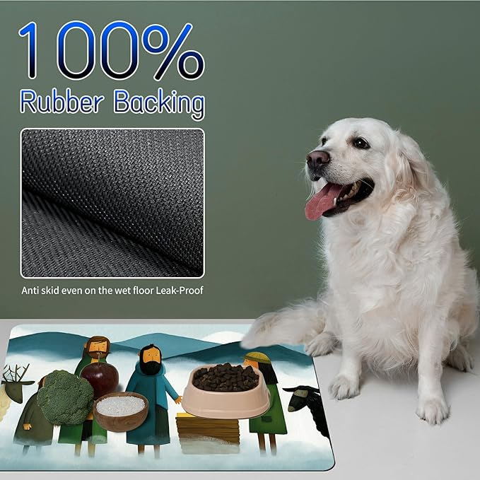 Dog Food Mat, 19.6" x 23.6" Absorbent Pet Feeding Mat for Food and Water, Waterproof Diatom Mud Pet Placemat with Non-Slip Rubber Backing, Cat Bowl Mat for Floors - Mountain Family Sheep