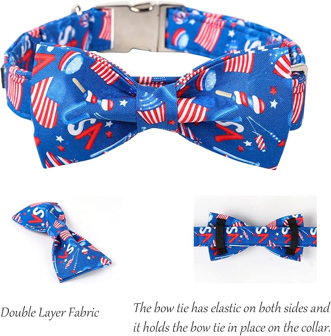 Lionet Paws Patriotic Dog Collar with Bowtie, 4th of July, Soft and Comfortable Adjustable American Flag Bowtie Collar for Puppies and Cats Male Female Gift, XXS, Neck 7-11 inches