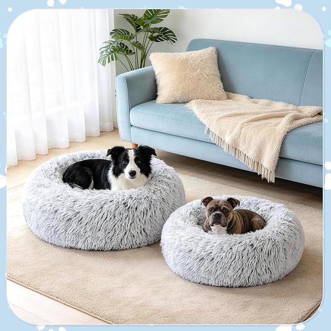 Donut Dog Bed, 31 inches Round Dog Bed with Removable Washable Cover & Foam Filling for Small Medium Dogs and Cats,Cute Pet Bed with Comfort Fluffy Plush Fur & Anti Slip Bottom，Grey