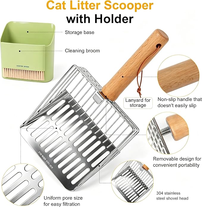 Dreamoon Cat Litter Scoop with Holder, Heavy Duty Stainless Steel Kitty Litter Scooper with Coarse and Fine Mesh, Includes Broom and Dustpan Set, Quick Sift and Easy Clean, Green