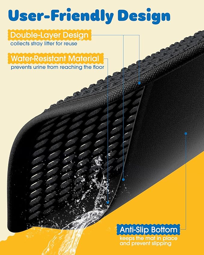 Powools 27" x 19" Cat Litter Mat - Ultra-Large Litter Box Mat with Double Layers, Urine-Proof and Non-Slip Litter Trapping Mat, Easy to Clean Kitty Litter Mats for Floor, Scatter Control, Black