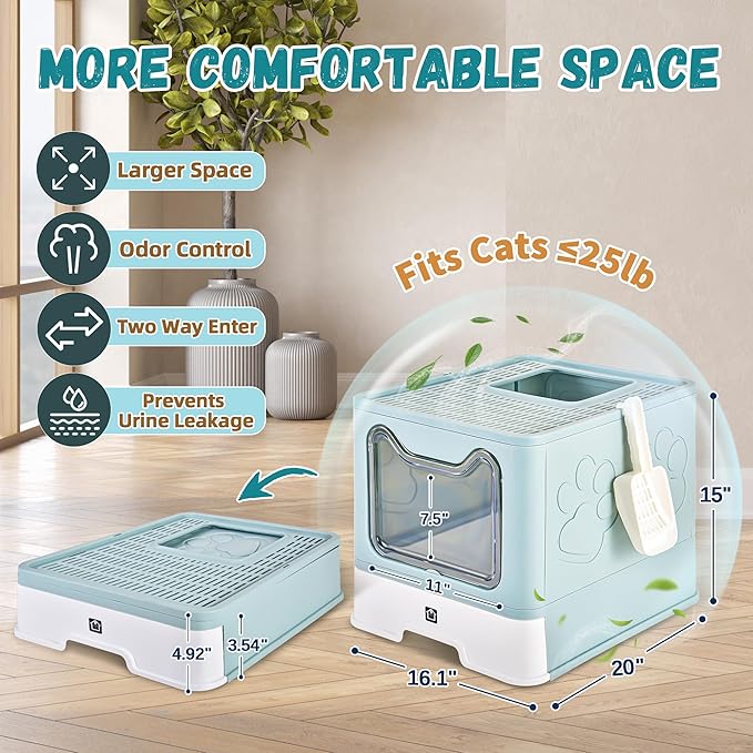 Covered Cat Litter Box with Litter Mat, Foldable Extra Large Dual Entry Adjustable Door, Drawer Design Enclosed Kitty Litter Box, Odor Control Anti-Splashing Easy Cleaning (Light Blue)