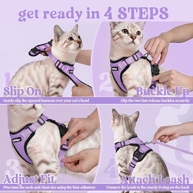 rabbitgoo Cat Harness and Leash Set, Escape Proof Vest Harness for Safe Outdoor Walks, Soft Breathable Adjustable Vest with Reflective Strips for Average to Large Cats, Light Purple, M