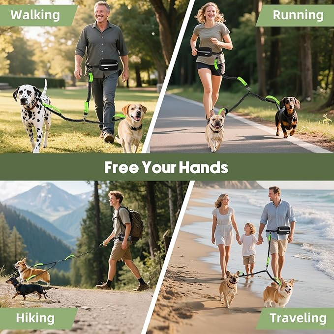 VavoPaw Hands Free Dog Leash for 2 Dogs with Pouch, Waist Leash for Dog Walking, Retractable Leashes with Dual Padded Handles, Adjustable Reflective Belt for Small Medium Large Dogs, Black Green