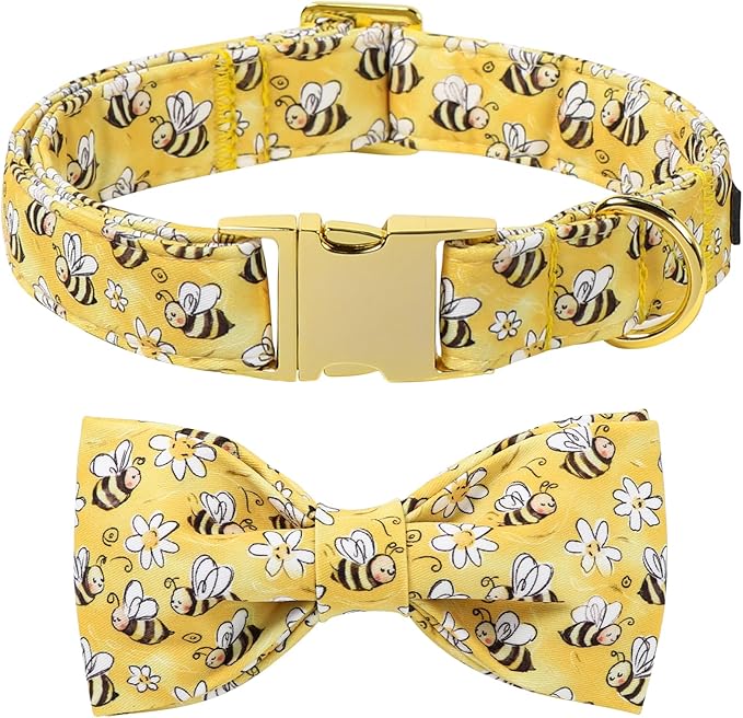 Lionet Paws Spring Dog Collar with Bow tie,Cute Summer Bees Yellow Dog Collar Bow Tie for Large Dogs Female, Neck 16-24 inches