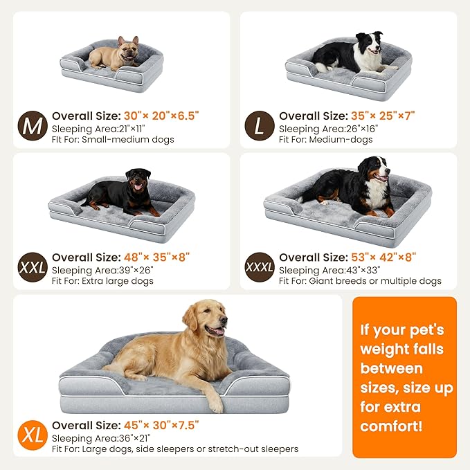Orthopedic Dog Bed for Giant Breeds & Multiple Dogs, 53 x 42 Inch Waterproof Memory Foam XXXL Super Jumbo Dog Bed with Sides, Washable Removable Cover, Dark Grey