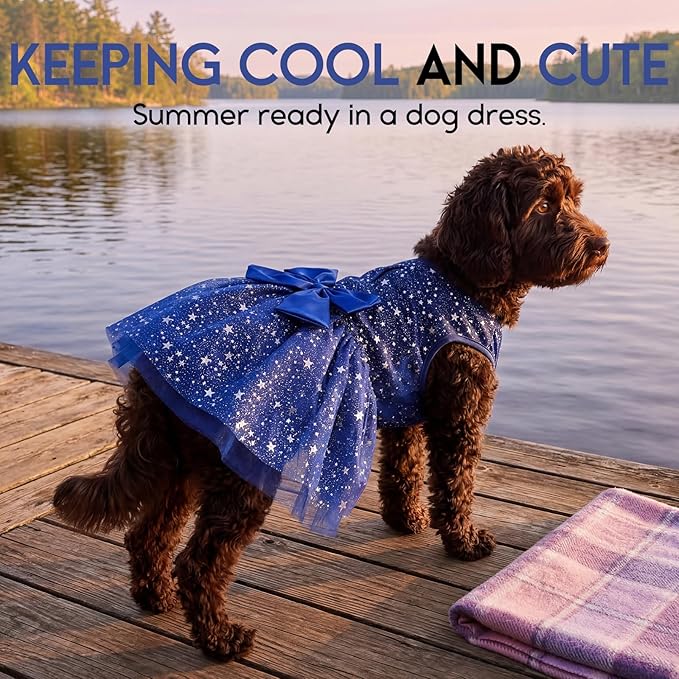 ASENKU Dog Dress Pet Wedding Dress Princess 4th of July Lace Puppy Birthday Party Outfit Formal Apparel Girl for Small Medium Dogs Cats (Medium, Navy Star)