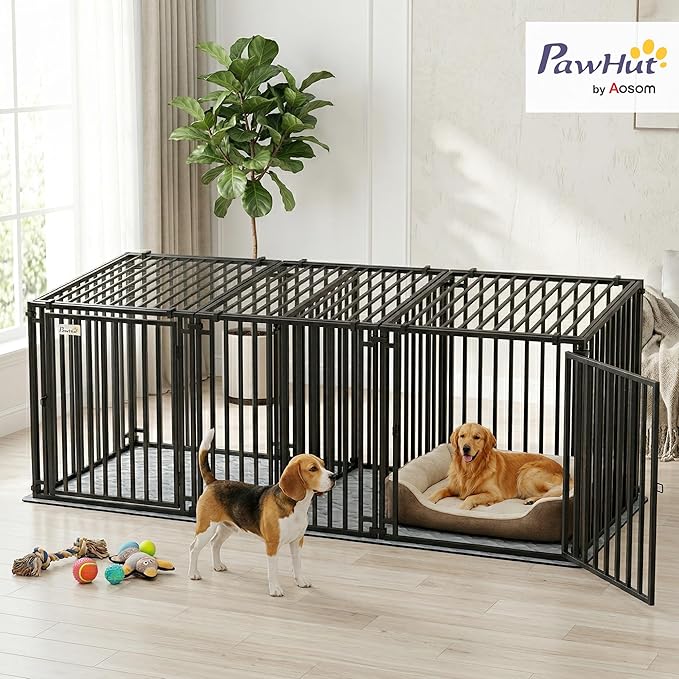 PawHut 83" L Heavy Duty Dog Crate, Extra Large Metal Cage Kennel with Divider and Mat, Modular Pet Playpen for Small Medium Large Breeds, Double Doors, Indoor Outdoor Use, Black