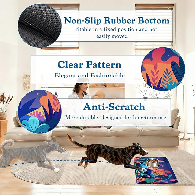 Boho Starry Forest Dog Food Mat–Absorbent Quick Dry Feeding Placemat for Food and Water Bowls, Non Slip Rubber Backing, Waterproof Pet Supplies for Mess-Free Eating 12"x20"