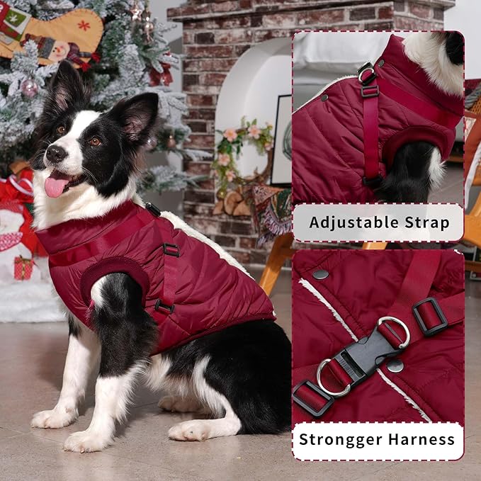 JoyDaog Dog Jacket with Harness,Fleece Lined Warm Puppy Coat for Winter,Soft Windproof Large Dog Vest,Red XXXL