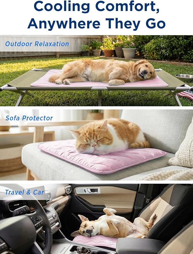 Dog Cooling Mat for Extra Large Dogs, 48"x30" Breathable Self Cooling Crate Mat for Dogs & Cats, QMAX>0.5 Portable Washable Pet Cooling Mat for Dog Bed, Thickened Cool Fiber Indoor/Outdoor Summer,Pink