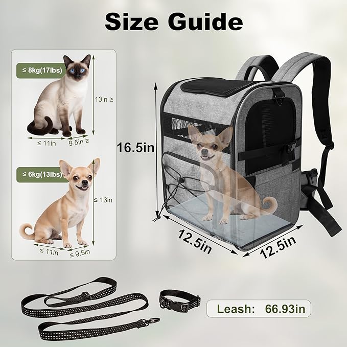 Dog Carrier Backpack for Small Dogs - Breathable Mesh Hiking Bag with Safety Buckle, Adjustable Straps and Standard Pad - Durable for Hiking (Fits Small Cats Too, Up to 17lbs, Gray)