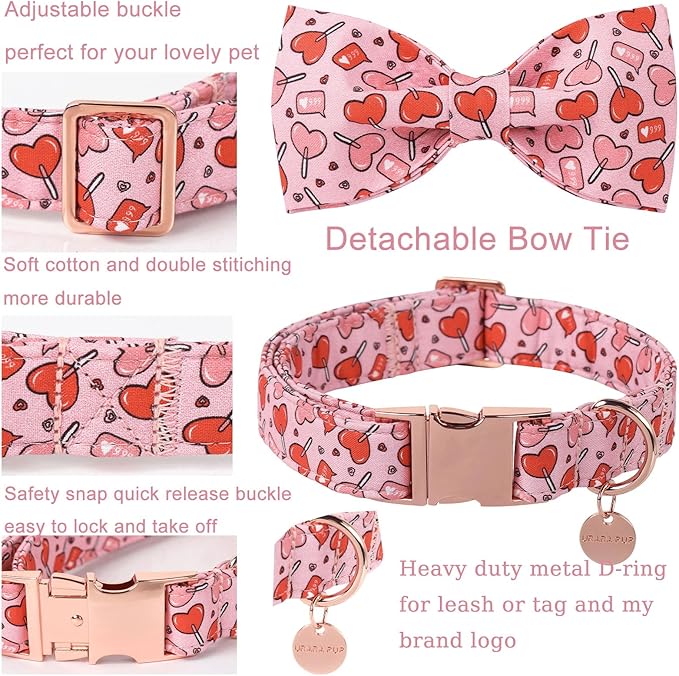 Valentine’s Day Dog Collar with Bow Tie, Pink Heart Bowtie Collar with Metal Buckle, Valentine’s Day Gift Pet Collar for Puppy Girl Boy Dog or Cat, Wedding Dog Collar,XL, Neck 16-26in