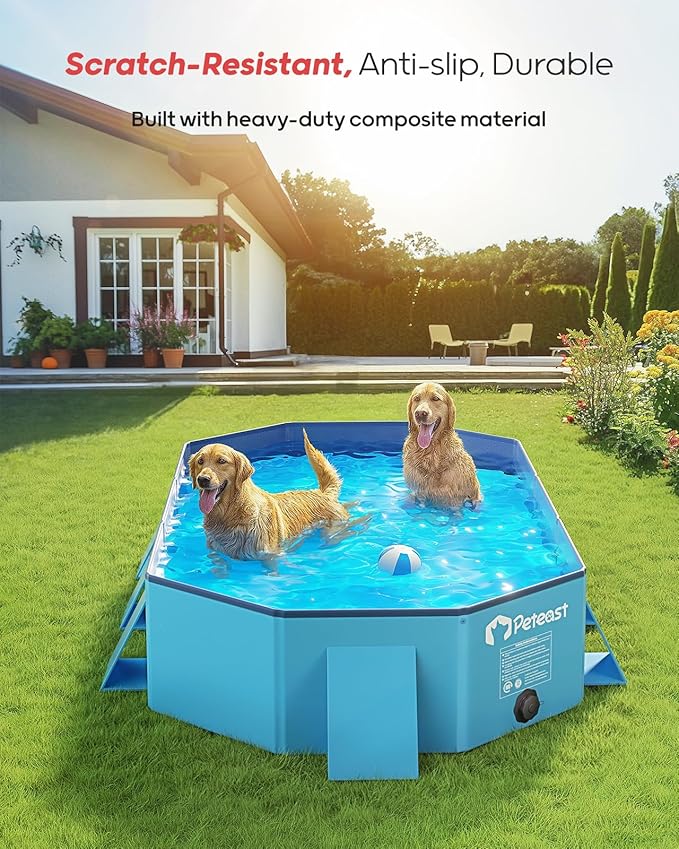 Peteast Foldable Dog Pool with Sturdy Square Design, Durable 82" Lx46 Wx12 D Extra Large Portable Pet Bathtub with Reinforced Sidewalls for Stability, Ideal for Indoor & Outdoor Use (Blue)