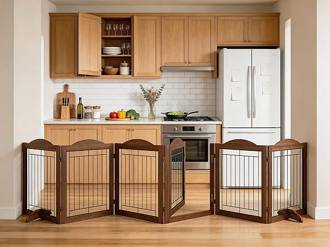 Vantas Folding No-Assembly Dog Door Pet Gate 144" Wide, 30" Tall Wooden Dog Gate with Door Walk Through, Freestanding Wire Pet Gate, Pet Puppy Safety Fence, with 2PCS Support – Brown